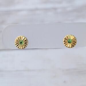 Stud Earrings Gold Tone Flower? With Green Gem - Dainty Small